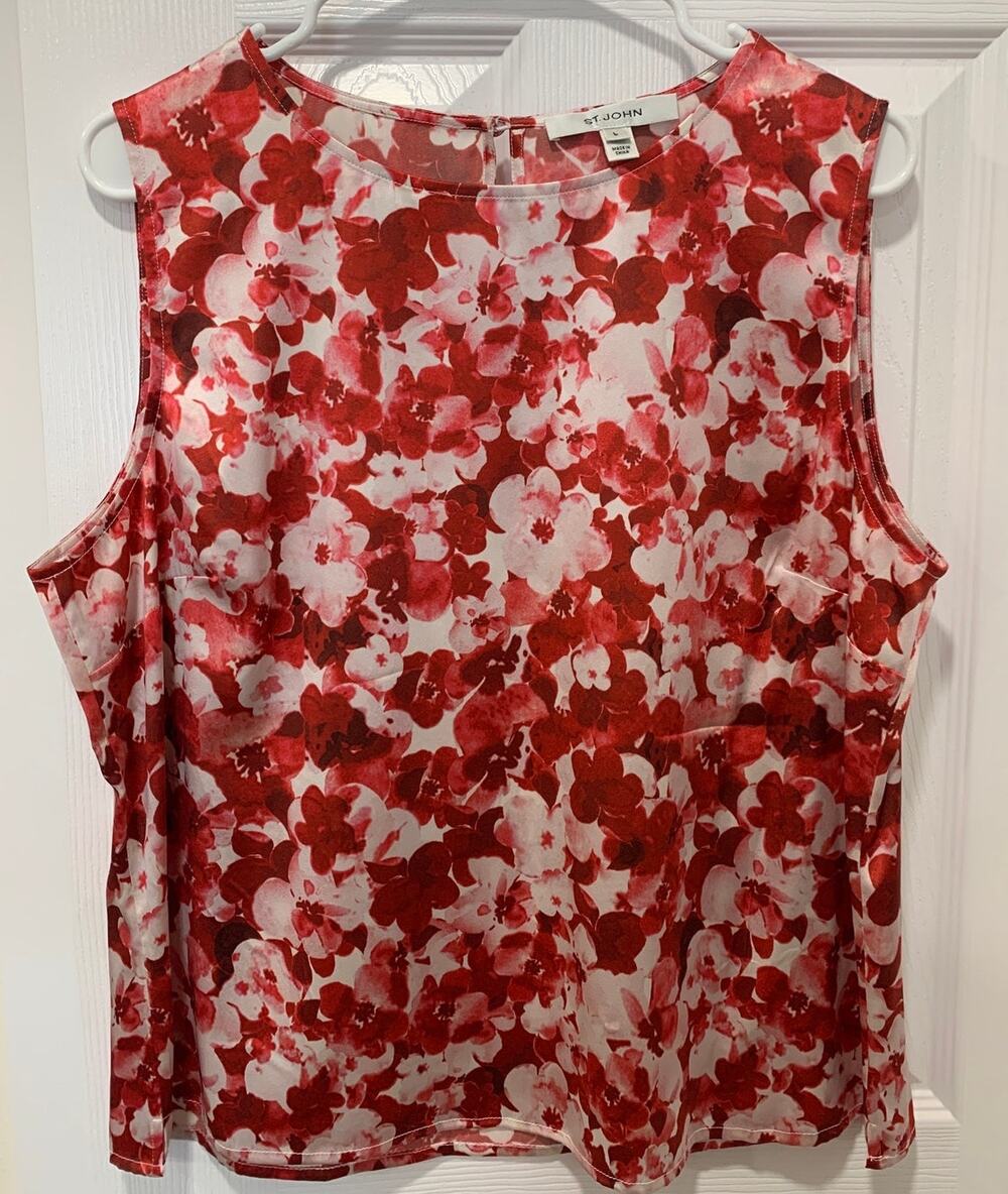 St Johns Silk Red Floral Sleeveless Blouse Size Large